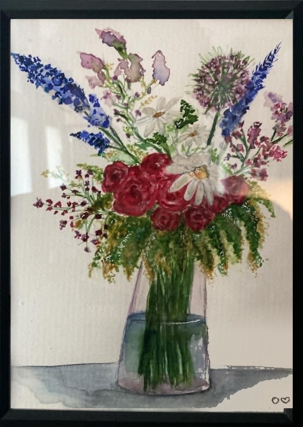 Watercolour summer bouquet — roses, daisies and delphinium in a glass vase
