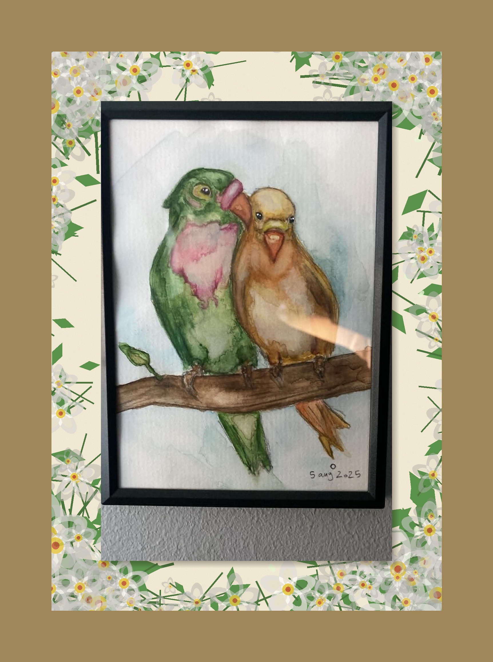 Lovebirds on a branch — watercolour