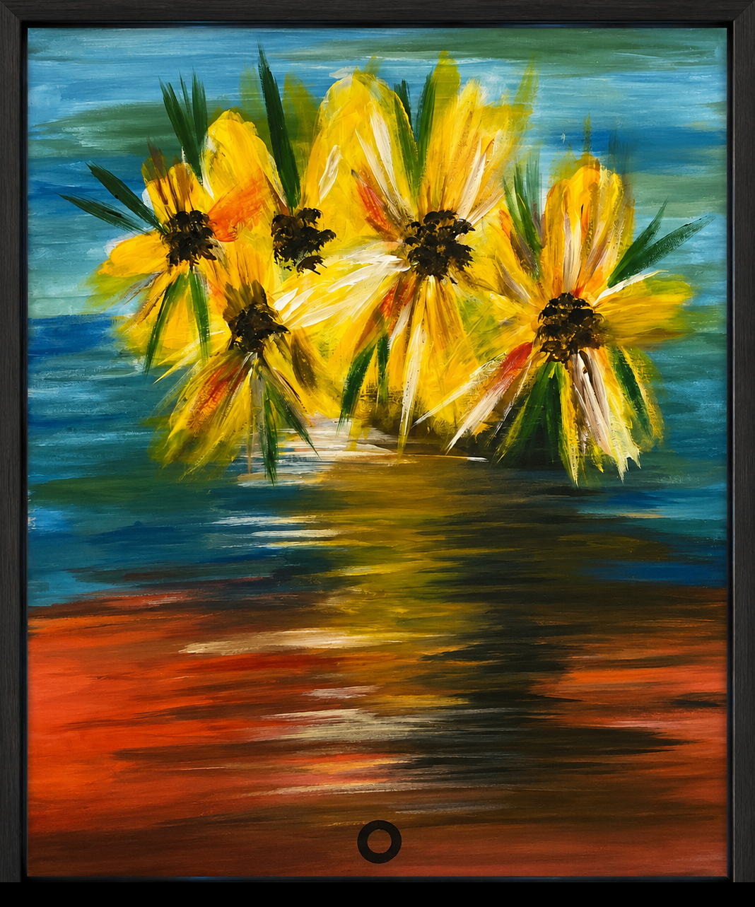 Acrylic sunflowers reflected on water